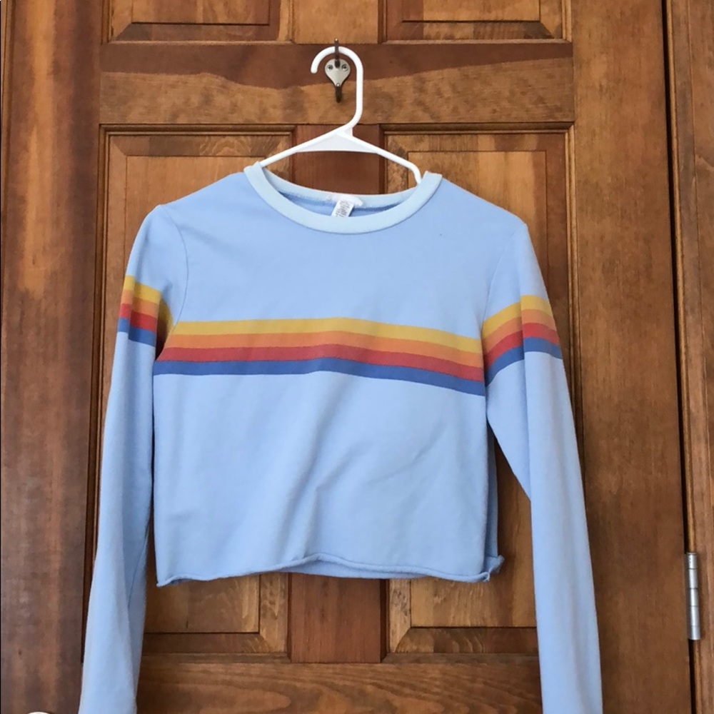 blue shirt with rainbow stripes!